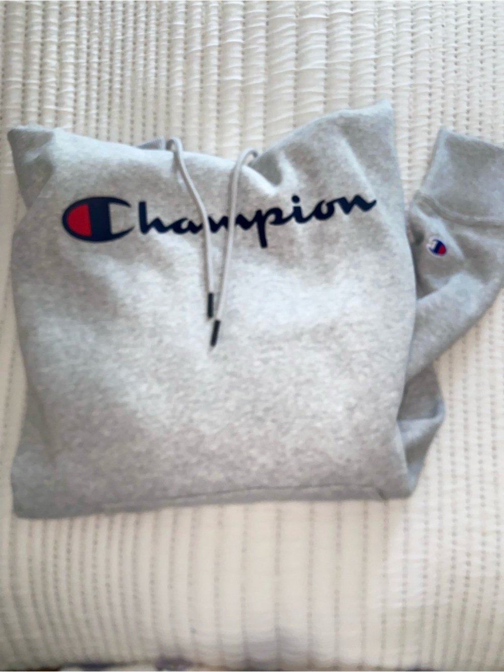 Champion Light Heather Gray Hoodie with Navy Script and Red Logo